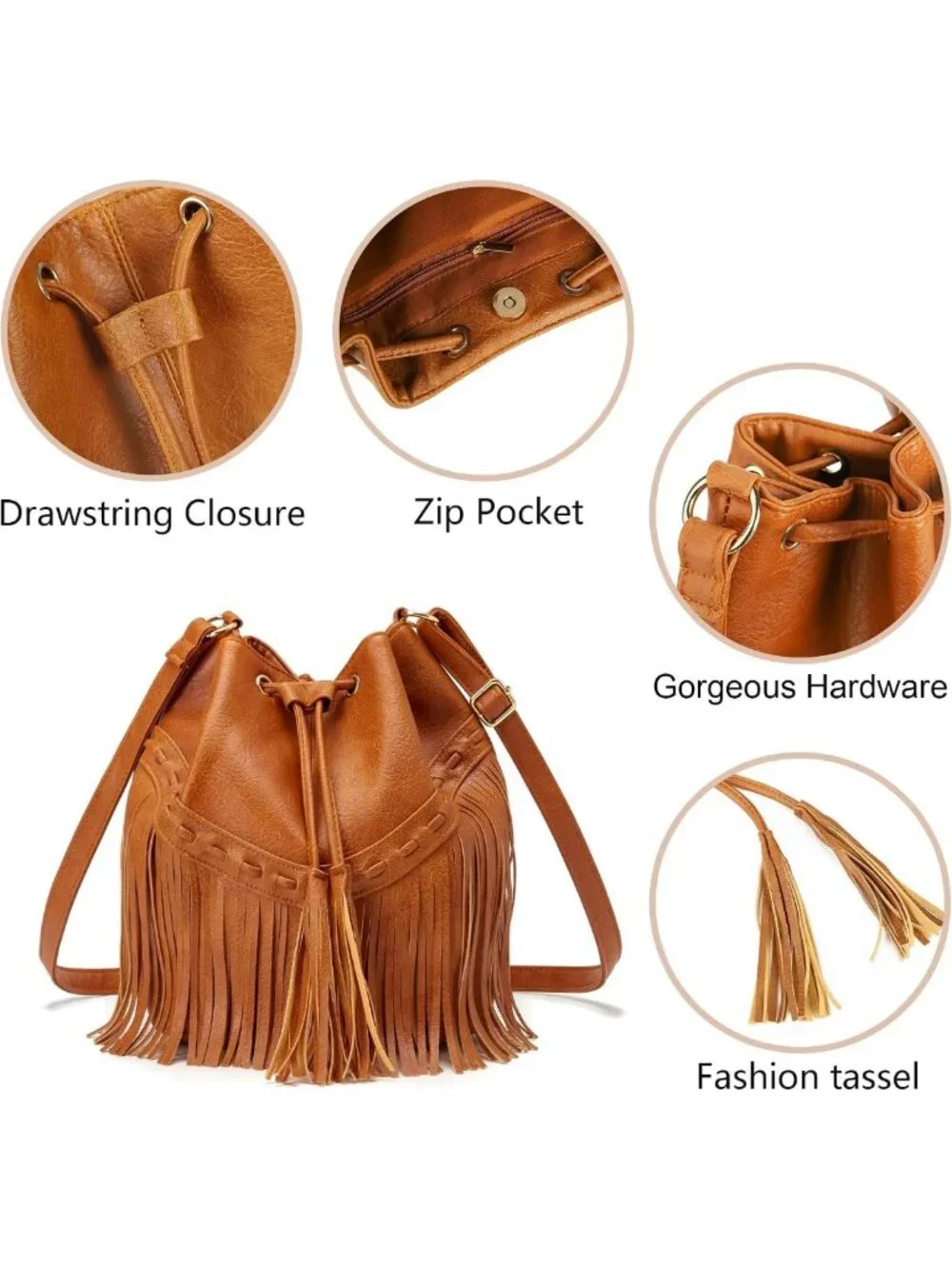 Stylish Leather Bucket Bag for Women - Crossbody Fringe Purse with Tassels